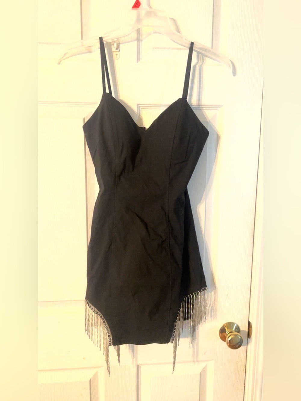 Black Spaghetti Strap Mini Dress with Fringe Beading
